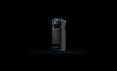 Rotating view of the ULT TOWER 10 speaker with lights illuminated.