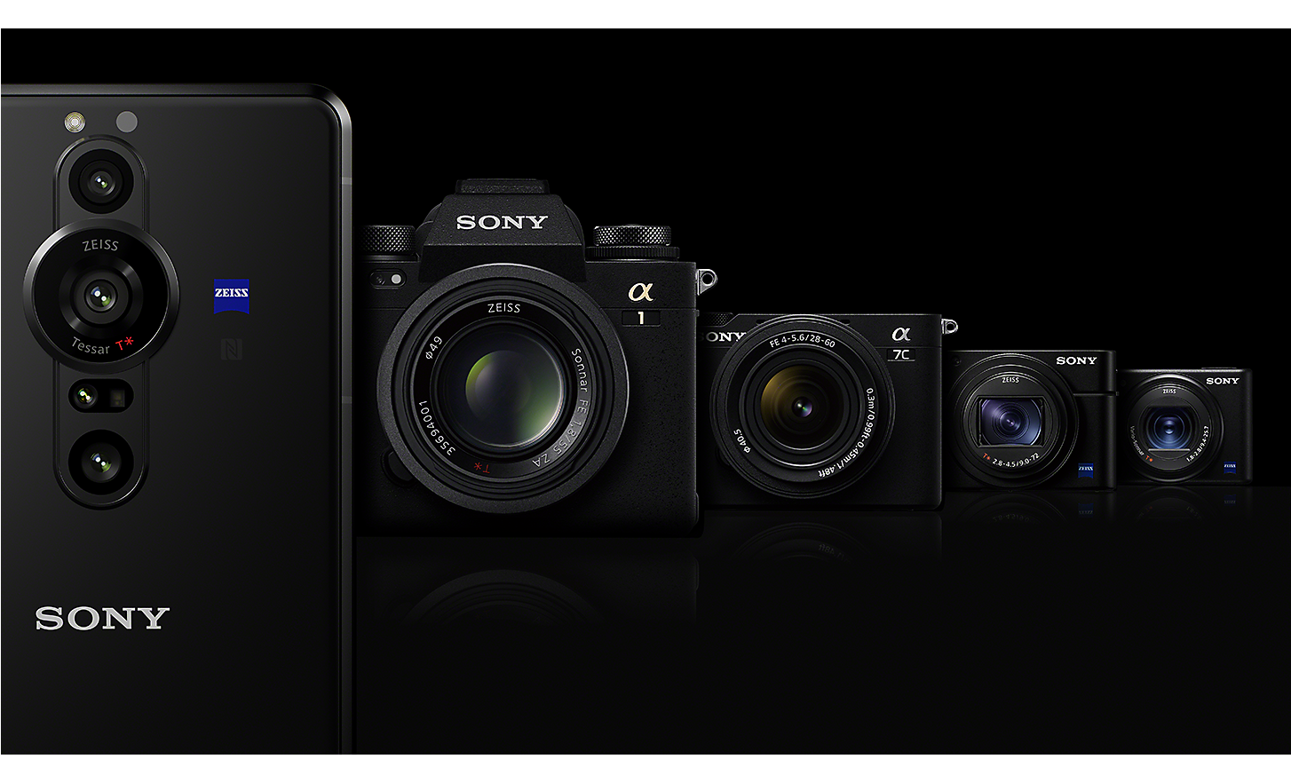 Xperia PRO-I ved siden af fire andre modeller i Sonys kamerasortiment