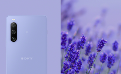 Le Xperia 10 IV en lavande à côté d'une image de brins de lavande