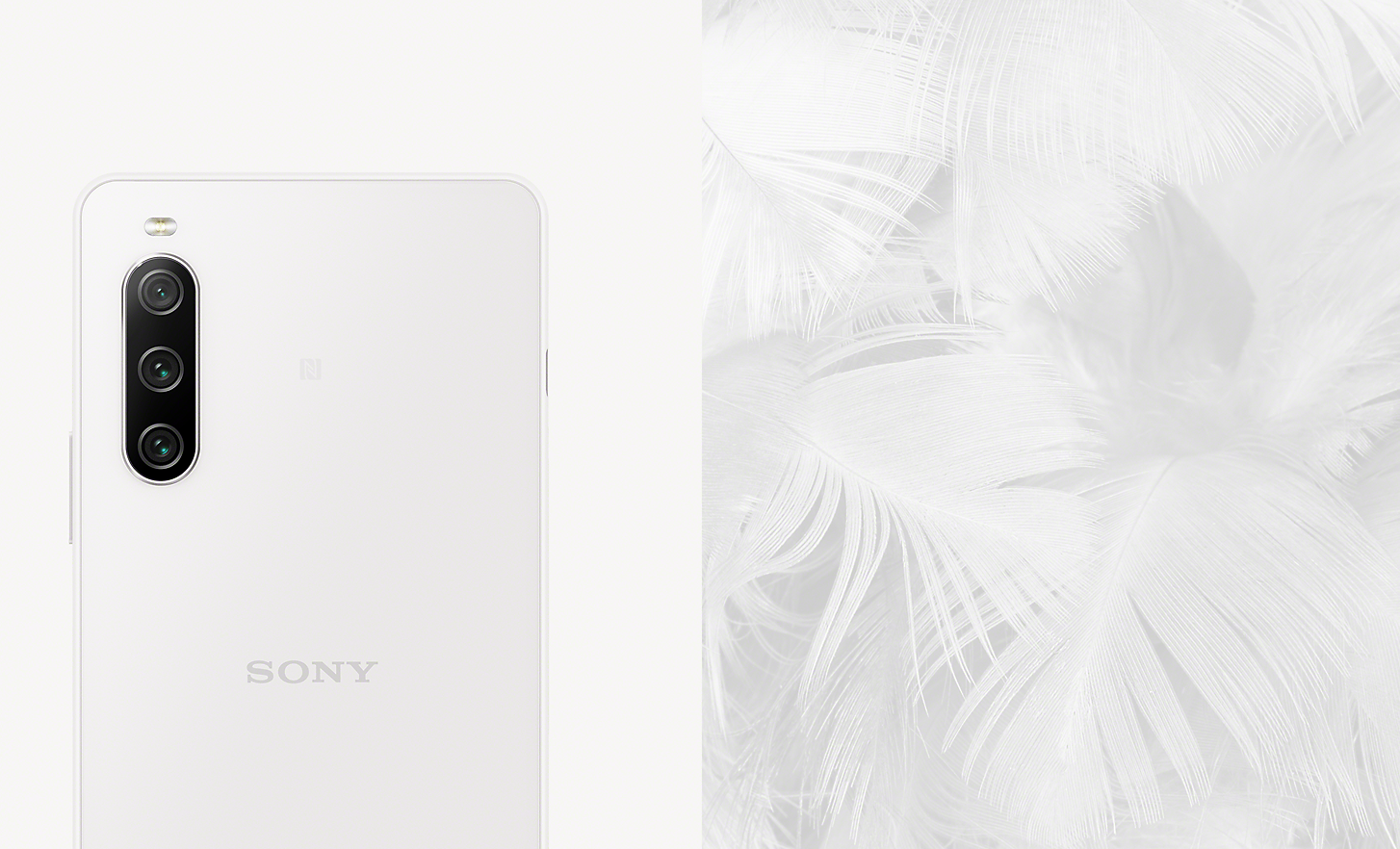 The Xperia 10 IV in white alongside an image of white feathers