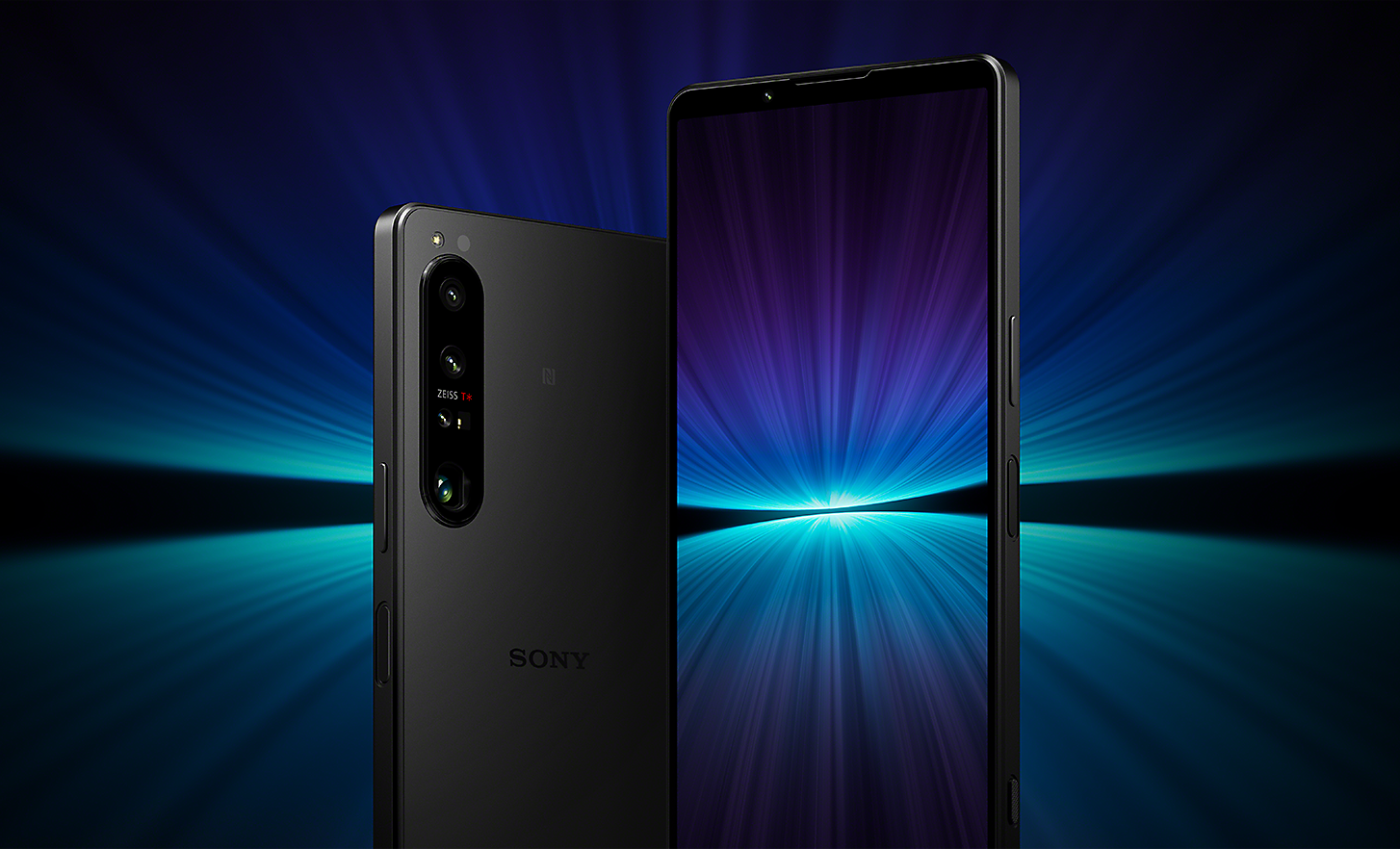 Front and rear views of Xperia 1 IV with an abstract image of speeding light on the display