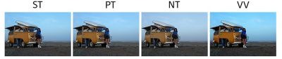 Compound image comprising 4 example images of woman standing in front of a van in (left - right): ST (Standard), PT (Portrait), NT (Neutral), VV (Vivid) modes