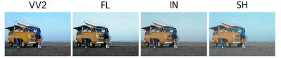 Compound image comprising 4 example images of woman standing in front of a van in (left - right): VV2 (Vivid2), FL (Film), IN (Instant), SH (Soft Highkey) modes