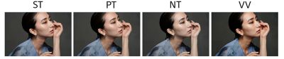 (왼쪽에서 오른쪽으로) 포즈를 취한 여성의 예시 토토사이트 모멘트 4개로 구성된 합성 토토사이트 모멘트: ST(표준), PT(인물), NT(뉴트럴), VV(생생함) 모드