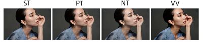 Compound image comprising 4 example images of woman posing in (left - right): ST (Standard), PT (Portrait), NT (Neutral), VV (Vivid) modes