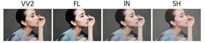 (왼쪽에서 오른쪽으로) 포즈를 취하는 여성의 예시 토토사이트 모멘트 4장으로 구성된 합성 토토사이트 모멘트: VV2(비비드2), FL(필름), IN(인스턴트), SH(소프트 하이키) 모드