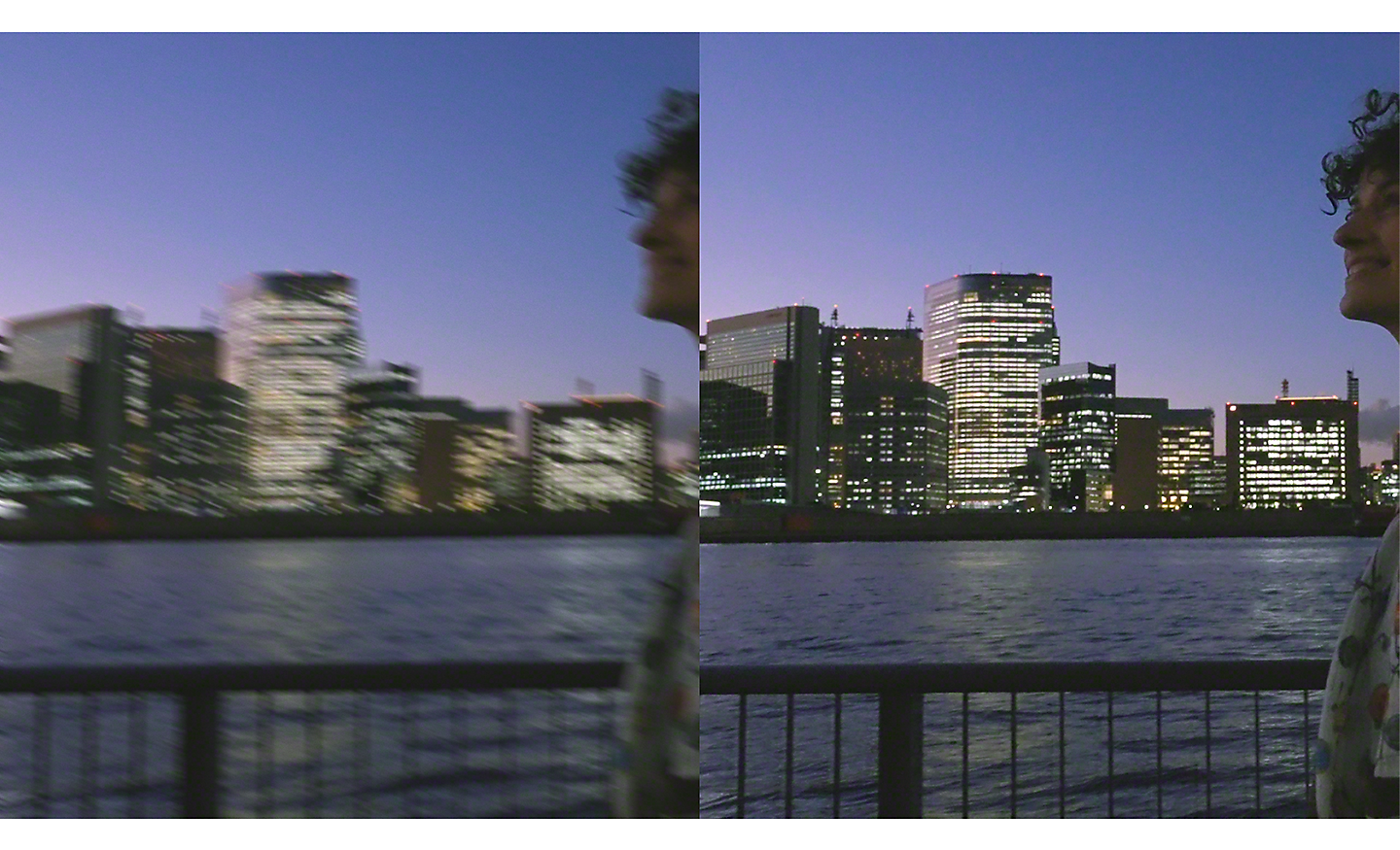 Dobbelt bilde av et bylandskap om kvelden – bildet til venstre er uskarpt, det til høyre er skarpt