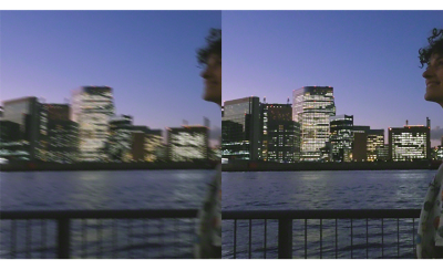 夜間城市景觀的雙重影像；左側影像模糊，右側影像清晰