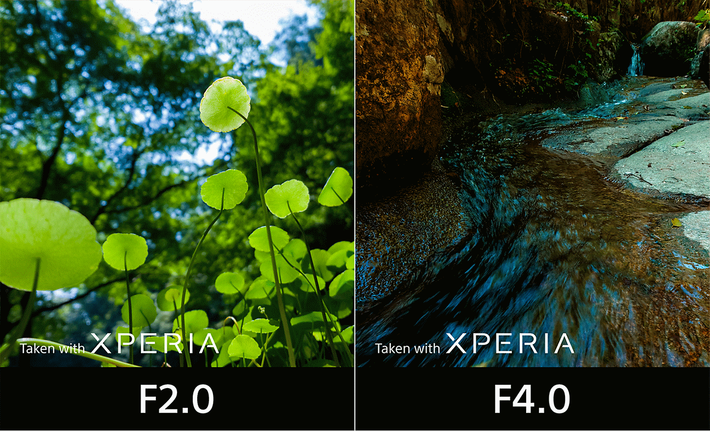 Split-screen comparing an image of foliage shot with F2.0 aperture and an image of a stream shot with F4.0. Text on images reads "Taken with XPERIA".