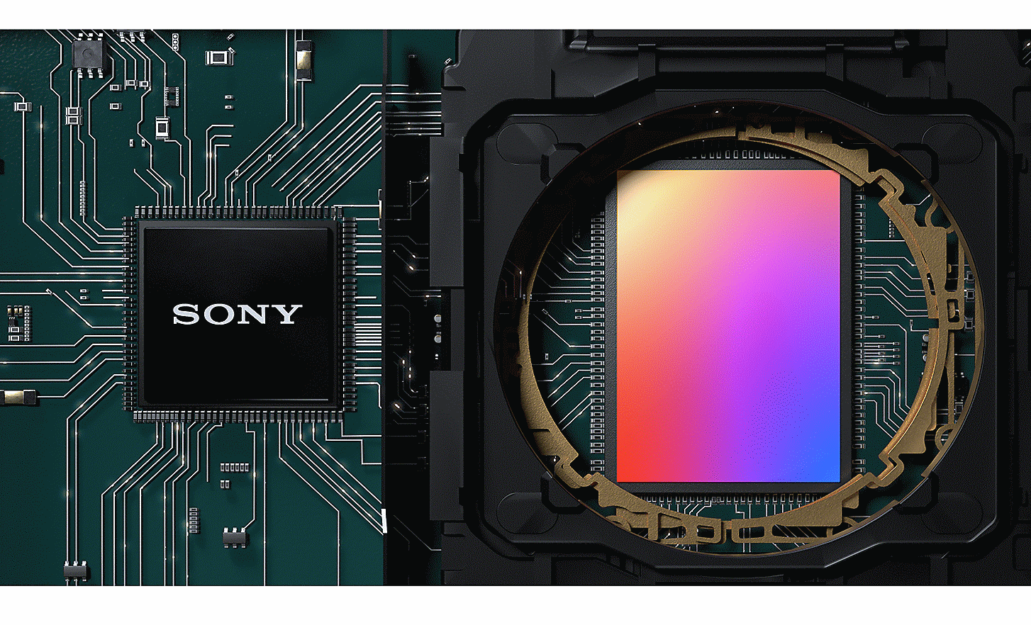 Gros plan sur un circuit imprimé composé d’une puce Sony et d’un capteur d’image de type 1.0