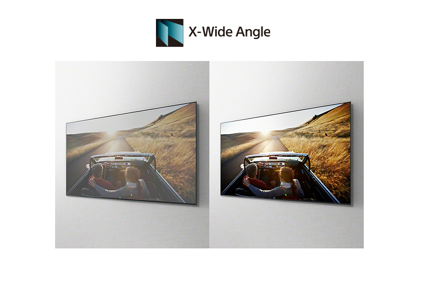 Snímek automobilu na dvou obrazovkách znázorňující věrné barvy ze všech stran dosažené pomocí technologie X-Wide Angle™