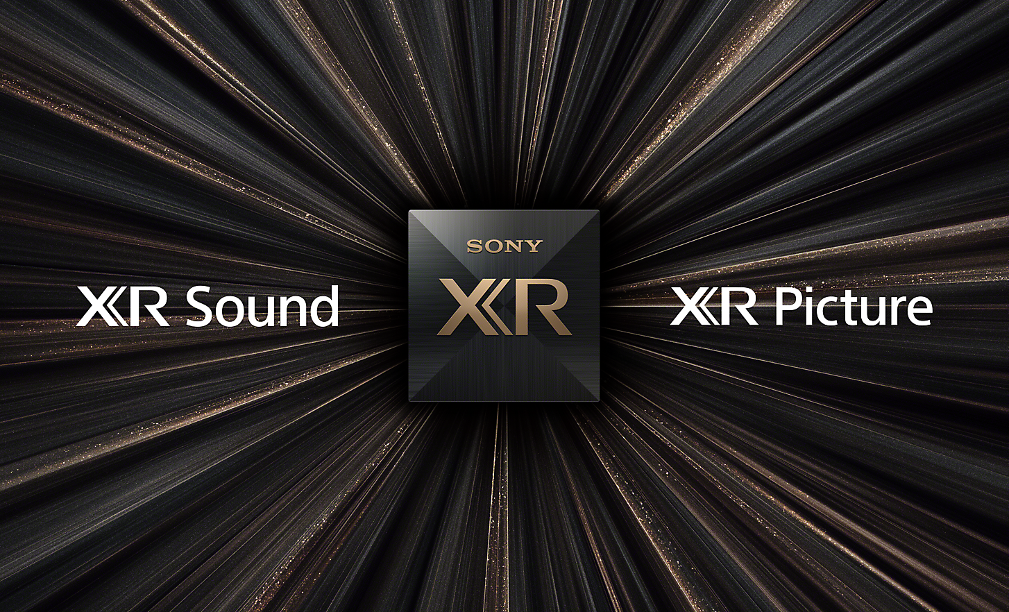 „Cognitive Processor XR“ lusto vaizdas ant juodo fono su aukso dulkėmis ir išryškintais žodžiais „XR Picture“ ir „XR Sound“