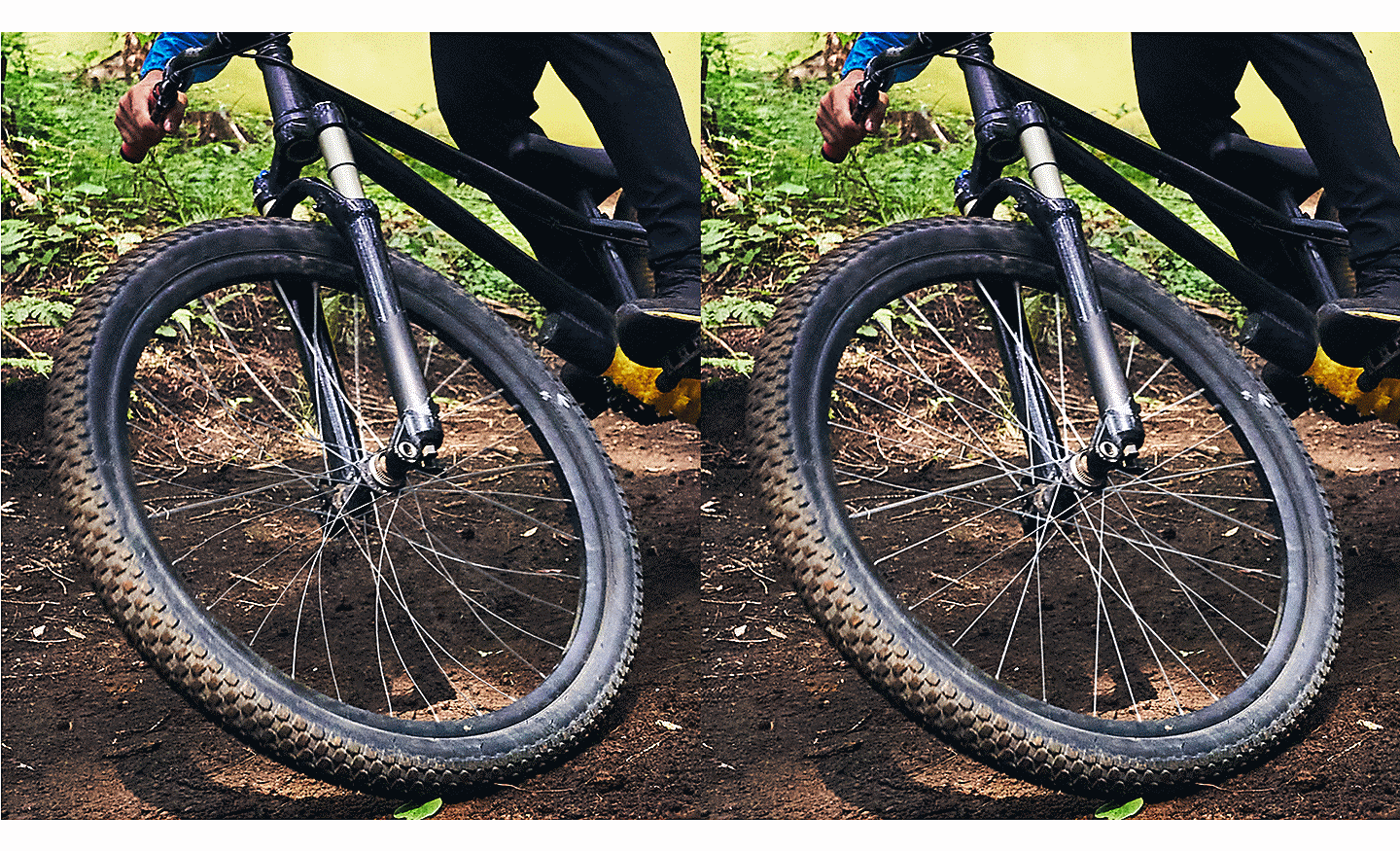 Dve snímky kolesa horského bicykla, jedna so skreslenými spicami, druhá bez.