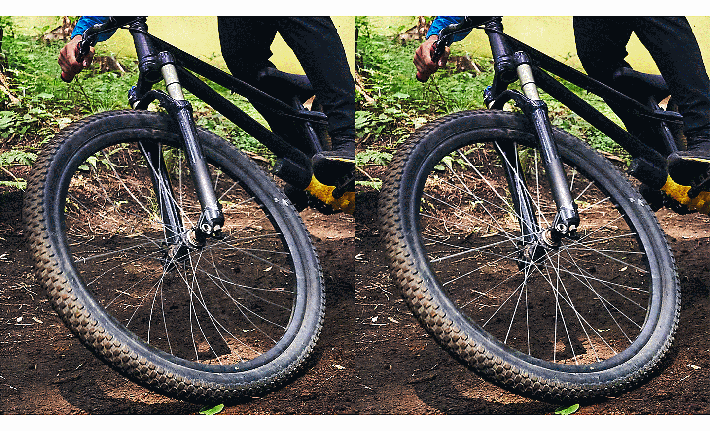 Two images of a mountain bike wheel, one with distorted spokes, one without.