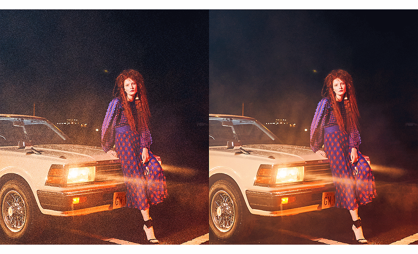 Deux images d’une femme appuyée contre une voiture, l’une affichant moins de bruit que l’autre.