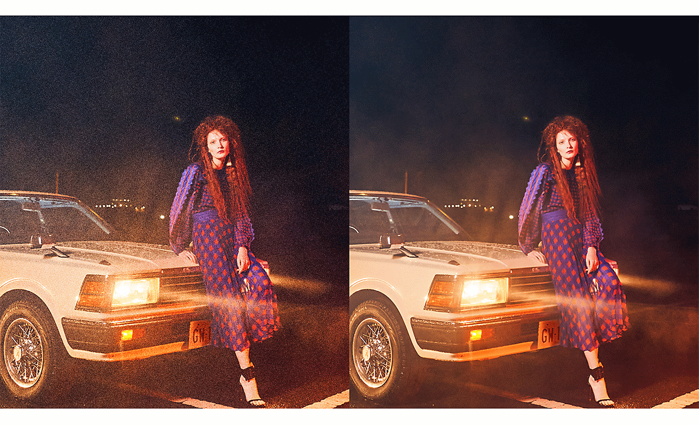 Two images of a woman leaning against car, one with less noise than the other.
