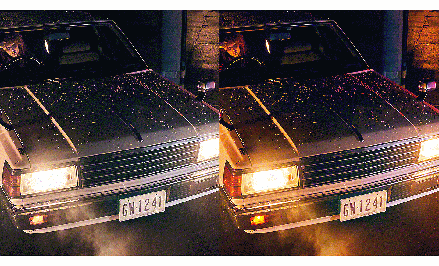 Dve snímky auta so zapnutými svetlometmi, na jednej snímke s plynulejším farebným prechodom ako na druhej.