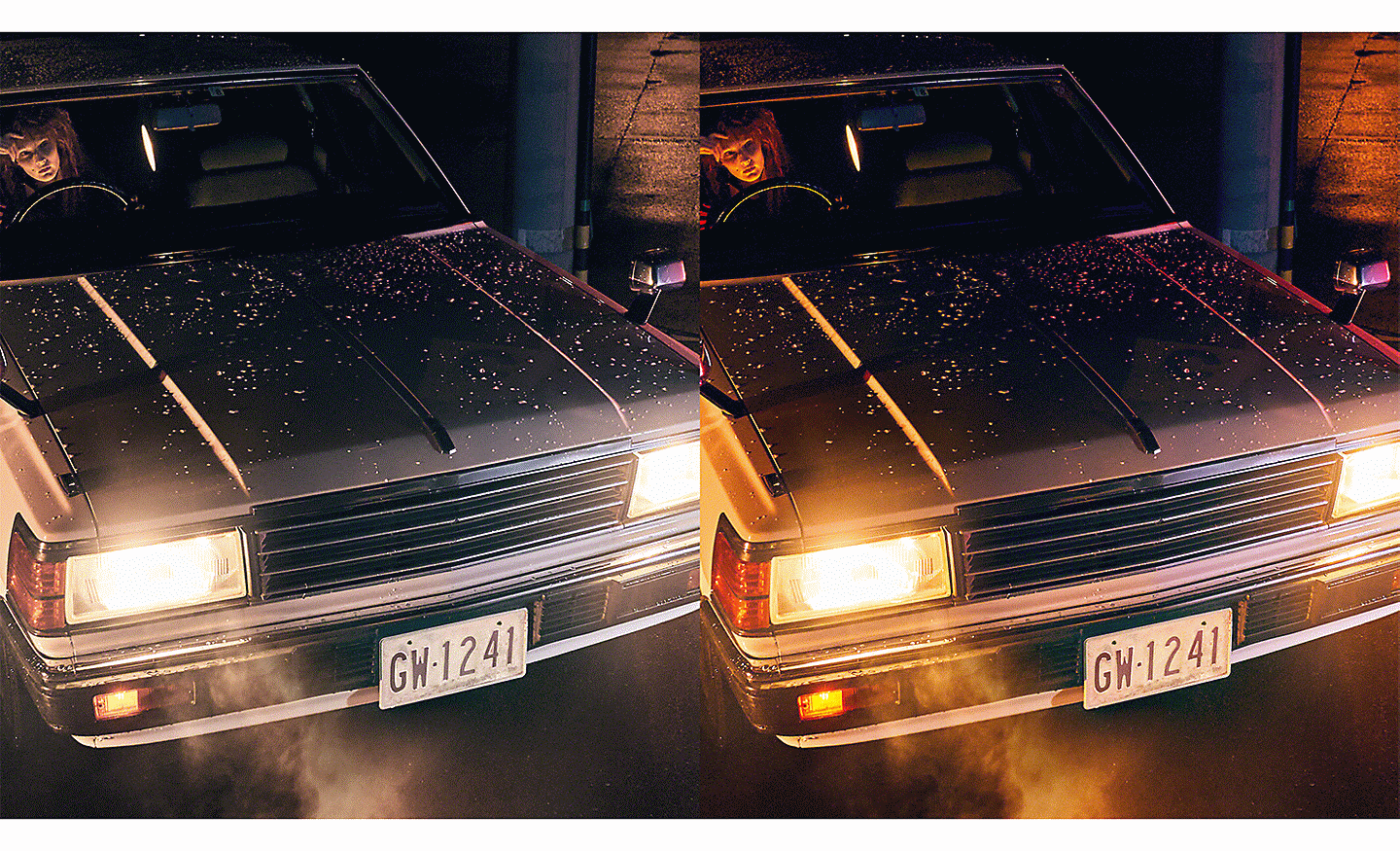 Two images of a car with headlights on, one with smoother colour gradation than the other.