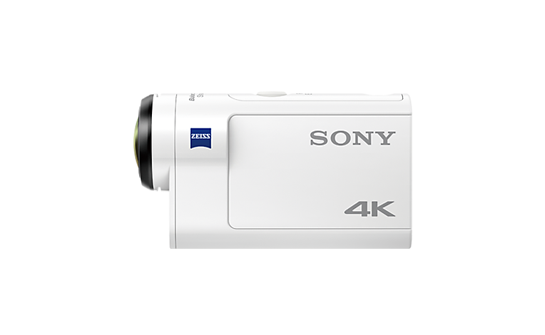 Angled view of white Sony FDR-X3000R 4K action cam