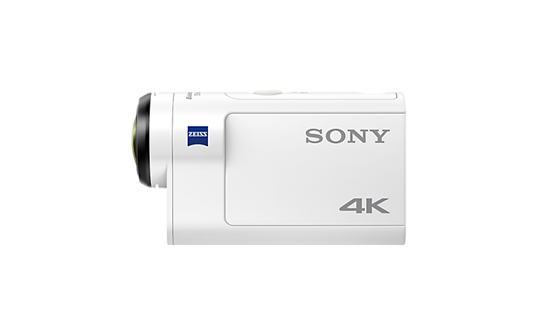 מבט בזווית על מצלמת Action Cam לבנה מדגם FDR-X3000R 4K של Sony