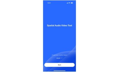 Spatial Audio Video Tool app screen in blue, featuring a country selector dropdown and a white "Start" button.