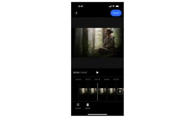 SAV app editing interface showing a forest video preview, timeline, playback controls, and Export button at top right.