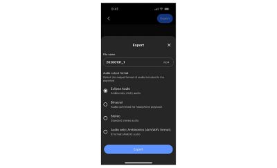 SAV app Export menu displaying radio button options for audio output formats and a blue Export button at the bottom.