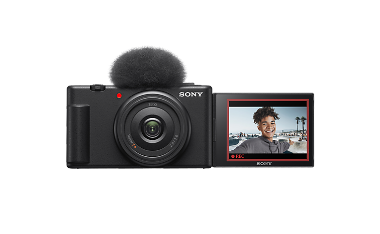 Vista frontal de la cámara para videoblogs Sony ZV-1F con pantalla inclinable