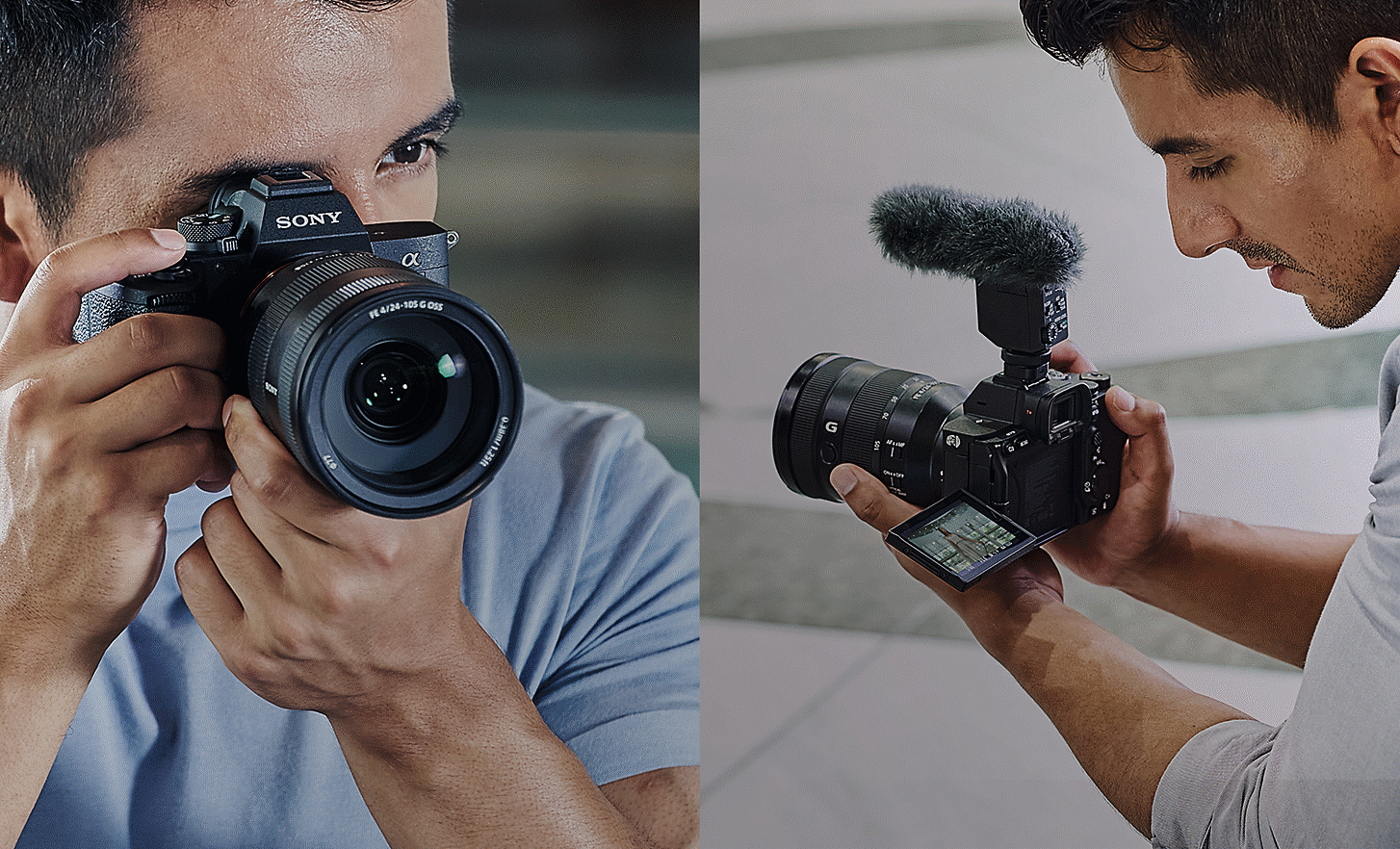 Photo of a photographer and a videographer, each shooting with the α7 IV
