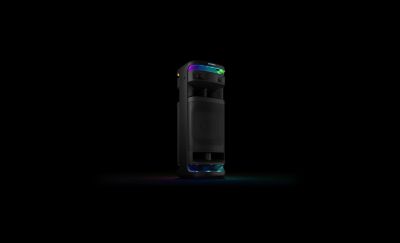 Rotating view of the ULT TOWER 10 speaker with lights illuminated.