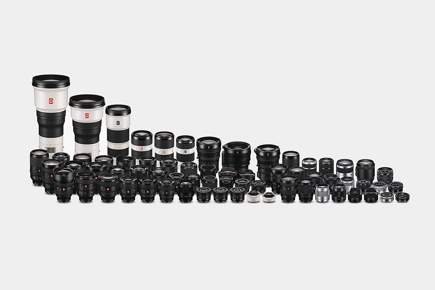 Photo of a complete lineup of lenses from Sony