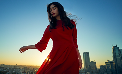 一位身穿紅色連衣裙女士的低光人像照，背景為城市景觀