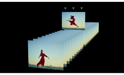 一系列展示身穿紅色連衣裙女士的 60 FPS 影像；某一個影像從其他影像中脫穎而出