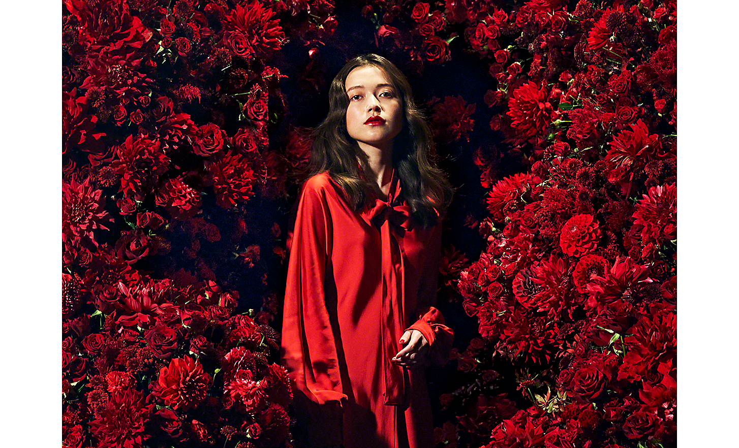 Fotografie realizată folosind distanța focală de 100 mm cu o femeie îmbrăcată în roșu înconjurată de flori roșii