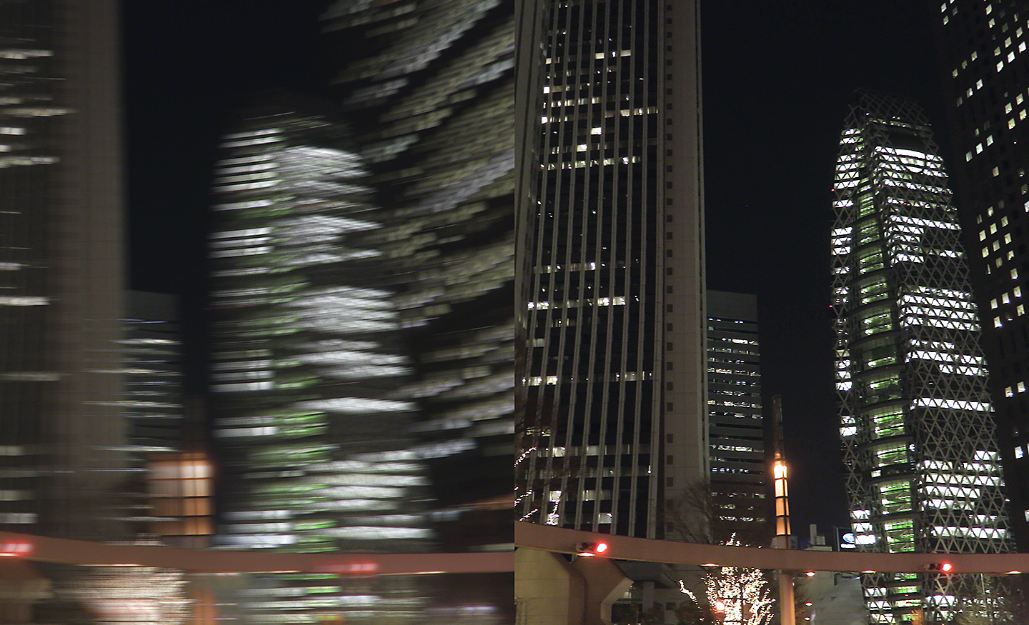 Two images of cityscape at night, one blurred, the other in sharp focus.