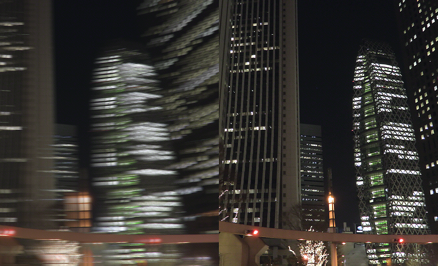 Two images of cityscape at night, one blurred, the other in sharp focus.
