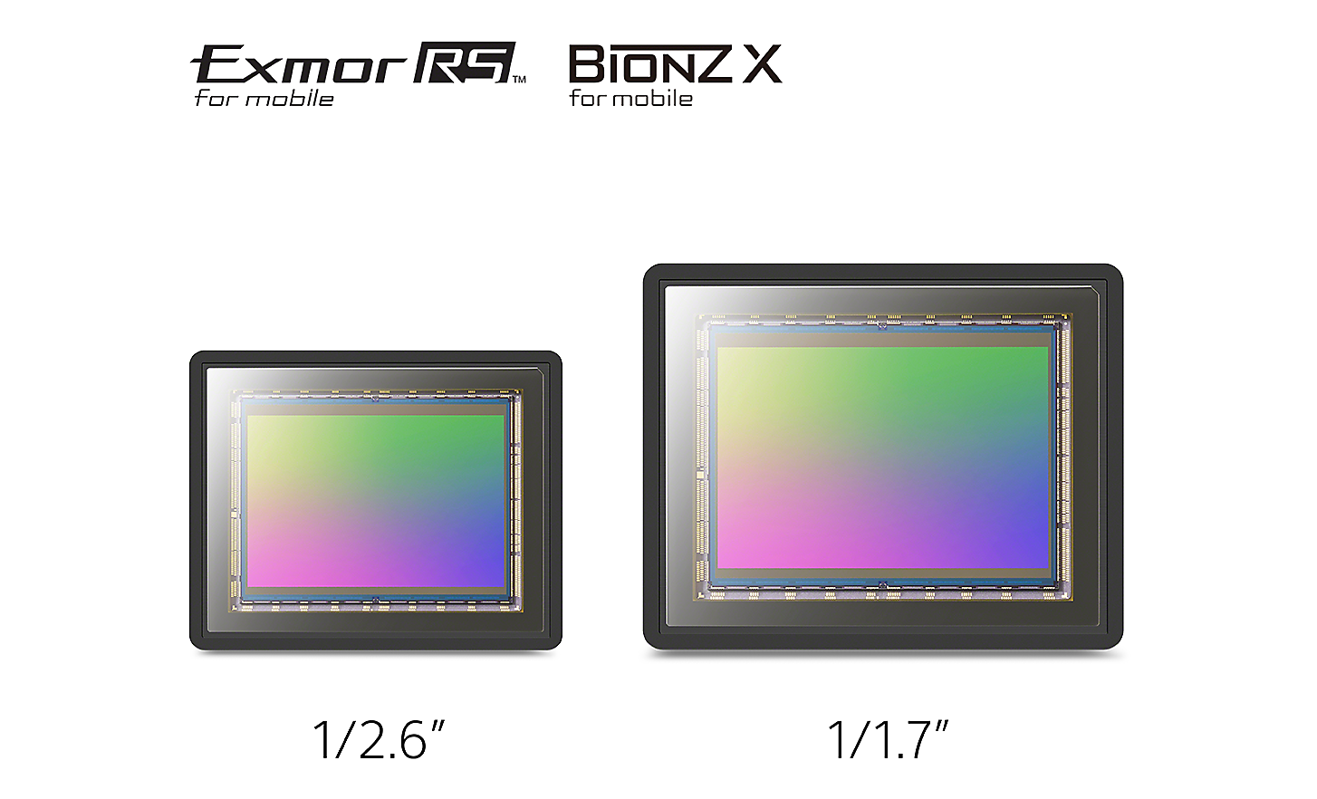 Bild som jämför en 1/2,6-tums bildsensor med en större 1/1,7-tums bildsensor, och logotyper för Exmor RS™ för mobila enheter och Bionz X™ för mobila enheter