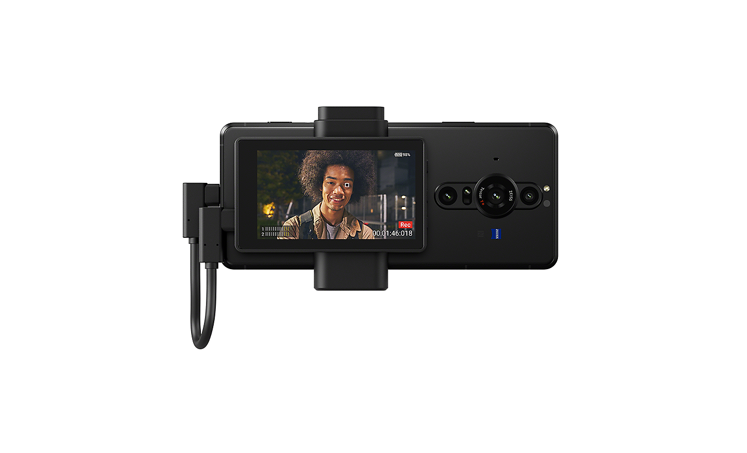 Monitor pentru vloguri pentru Xperia PRO-I, care afișează imaginea unui bărbat pe ecran
