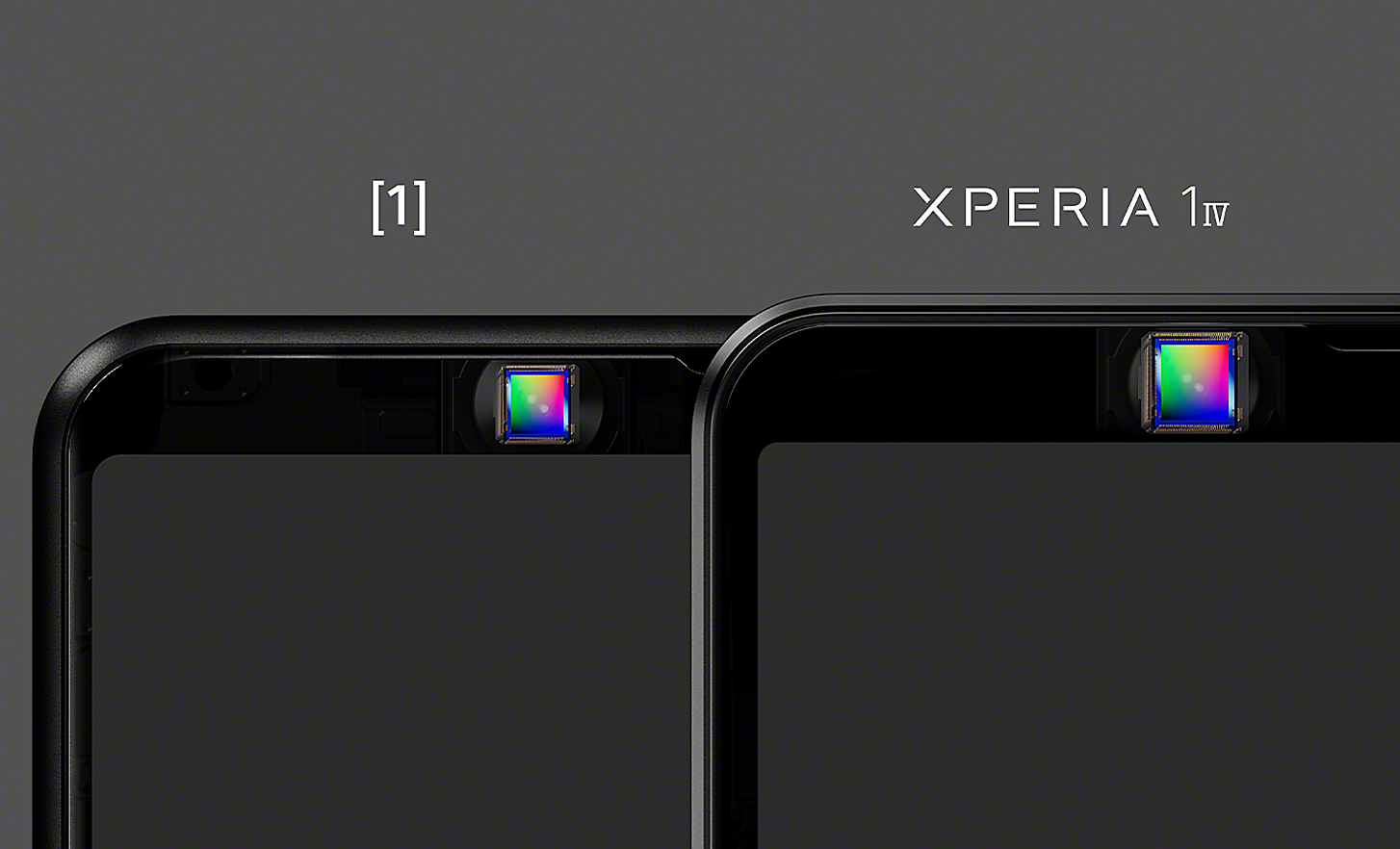 Bild som jämför den främre kamerans bildsensor på Xperia 1 IV med den mindre sensorn på den föregående modellen