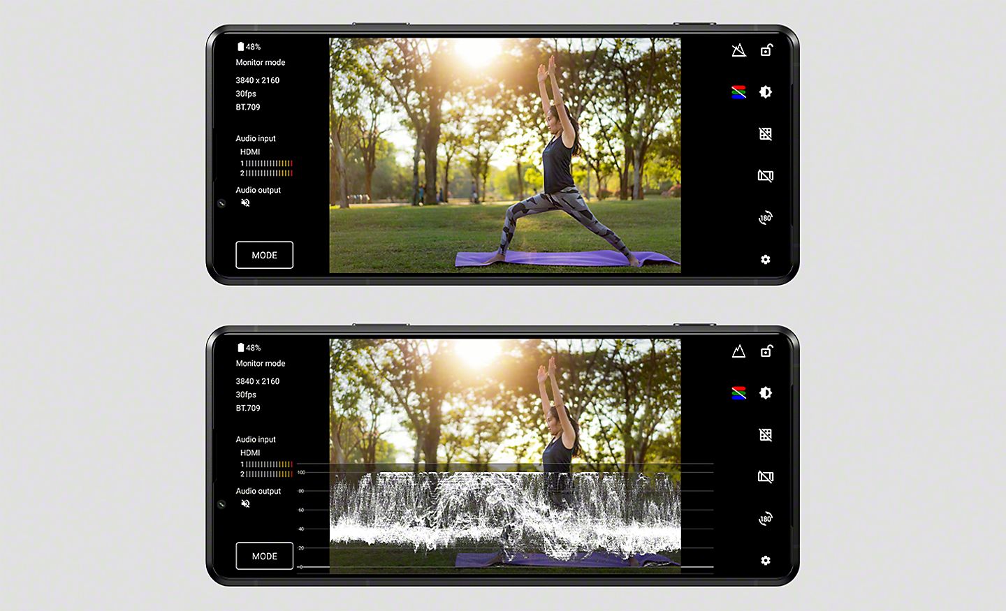 上方 Xperia PRO-I 螢幕上顯示女子正在做瑜伽的畫面，下方 Xperia PRO-I 顯示相同畫面，並展示亮度水平分佈