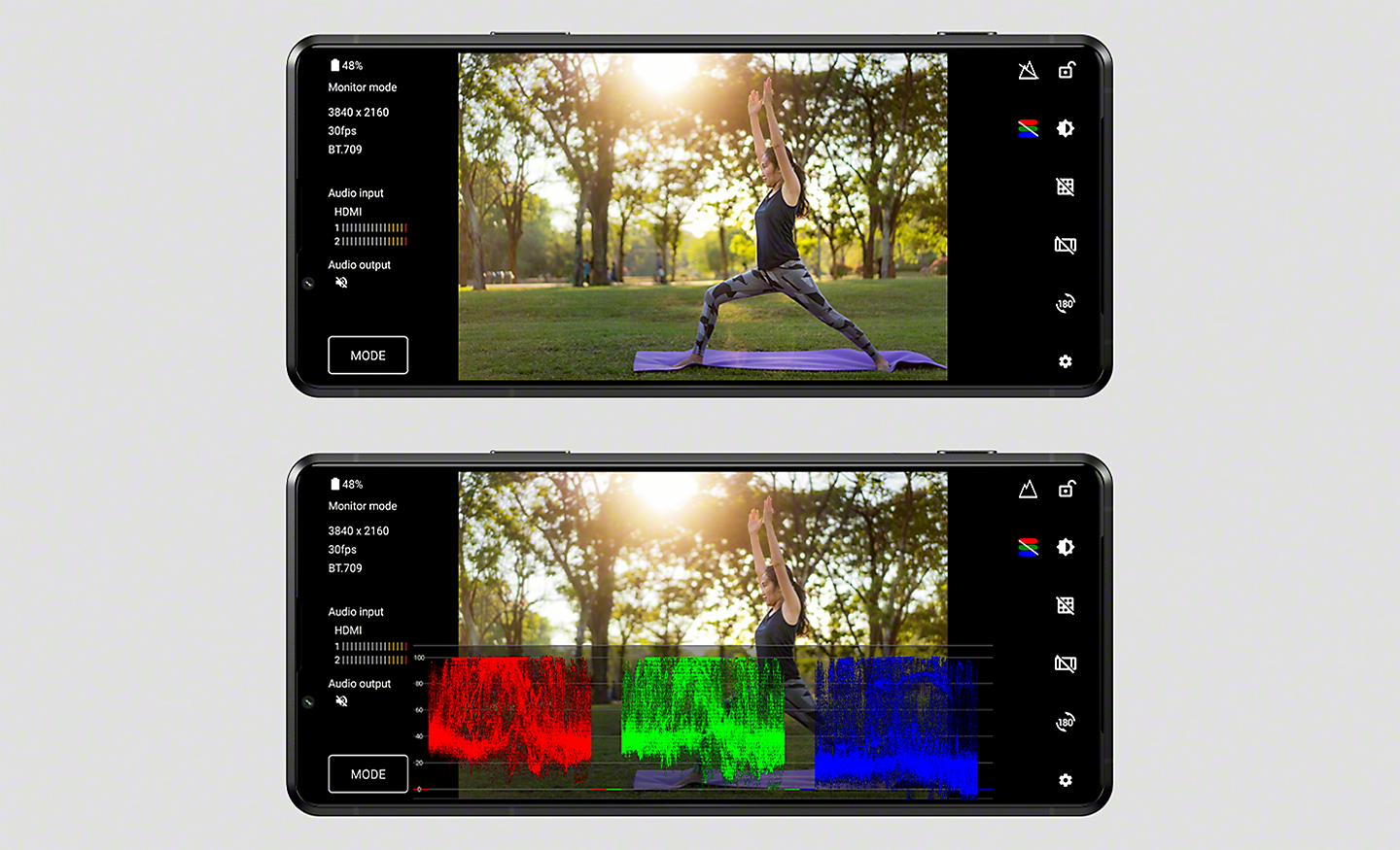 Xperia PRO-I în partea de sus, cu imaginea unei femei făcând yoga; Xperia PRO-I în partea de jos, cu aceeași imagine și echilibrul RGB