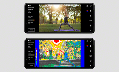 Xperia PRO-I ở trên với ảnh người phụ nữ đang tập yoga, Xperia PRO-I ở dưới với cùng hình ảnh cho thấy cách chức năng màu giả xác định vấn đề về phơi sáng