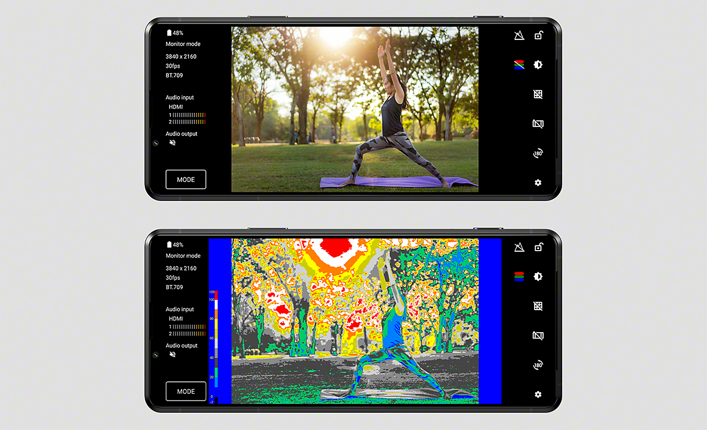 Xperia PRO-I above with screenshot of lady doing yoga, Xperia PRO-I below with same screenshot showing how false colour function identifies exposure issues