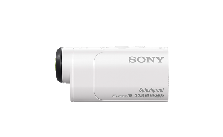 Angled view of white Sony HDR-AZ1 action cam