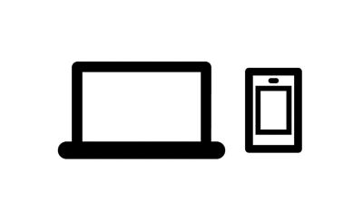 Un gráfico sencillo en blanco y negro que muestra el contorno minimalista de la pantalla de una laptop a la izquierda junto al contorno minimalista de un smartphone en posición vertical a la derecha.