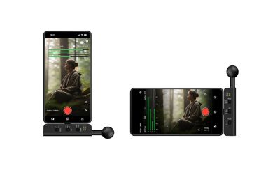 Smartphone shown in portrait and landscape with ECM-AX10 mic, displaying audio level meters and forest video preview.