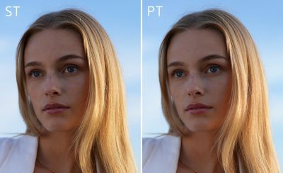 Image of a woman displayed for comparison, with the left in ST mode and the right in PT mode