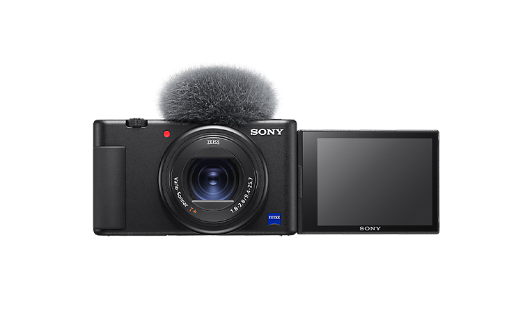 Çevrilebilir ekranlı Sony ZV-1 vlog kamerasının önden görünümü