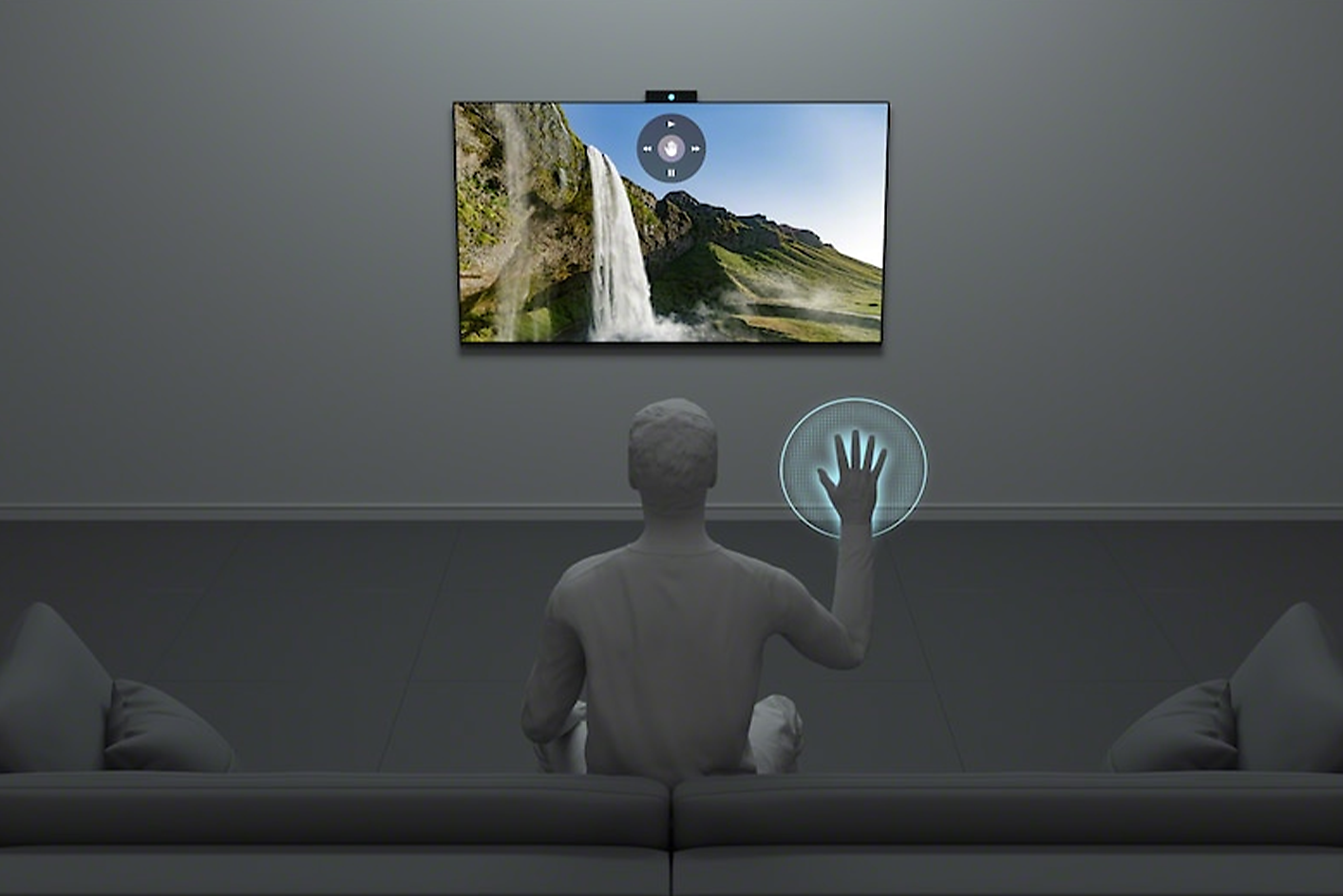 Split screen graphic showing a person watching TV from afar and a person watching from up close