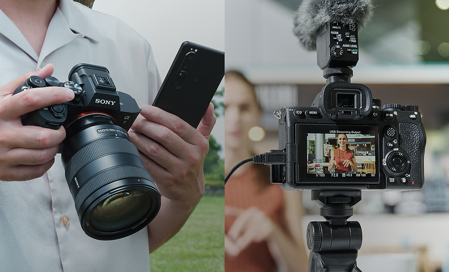 Left: photo of a person holding the Alpha 7 IV and a smartphone in order to share still photos or movies immediately after shooting; Right: photo of a person live-streaming with the Alpha 7 IV